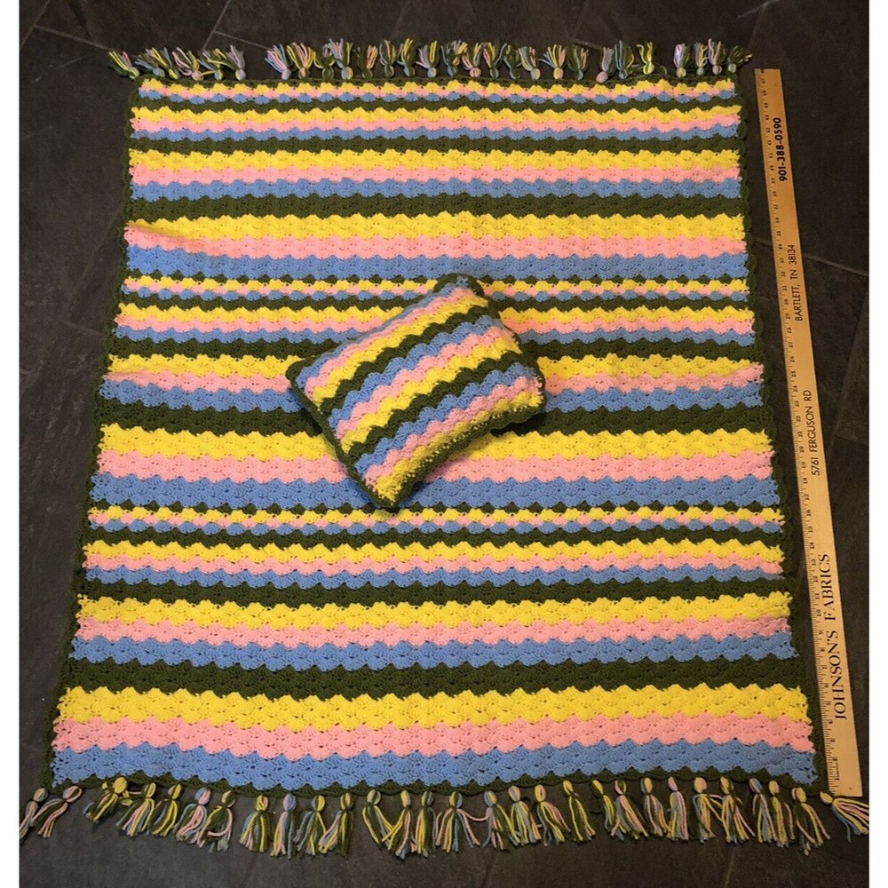 Vintage Child Size Crochet Blanket and Pillow Handmade Green Pink Yellow Blue